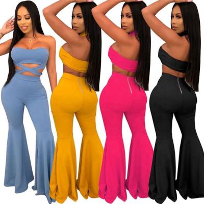 China Custom 2020 Women Plus Size Clothing Bottom Bell Bottom Pants Sets Tube Bandage Clothing 2 Piece Set Top Overalls Rompers for sale