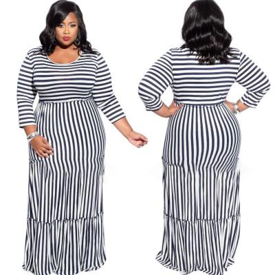 China Hot Anti-Wrinkle Tour Neck Striped Long Sleeve Plus Size Women Dress Plus Size Maxi Women Knit Dress for sale