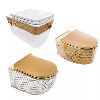 China Double-Flow Rimless Square Plated Gold Wall Hung Toilets for sale