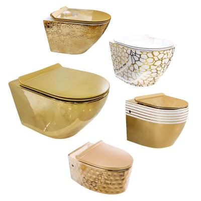 China Double-flush Arabic Style Plated Gold Rimless Round / Square Wall Hung Toilet for sale