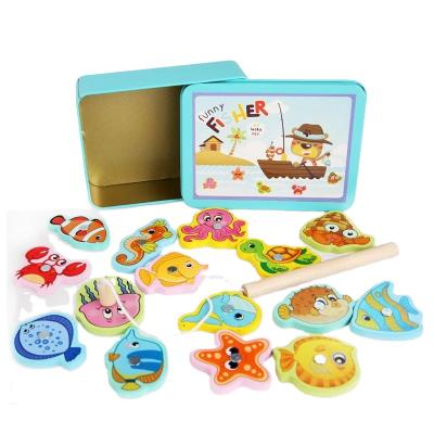 China Early Education 15pcs Wooden Box Fish Magnetic Iron Fishing Toy For Baby Parent-child Interaction Learning Educational Toys for sale