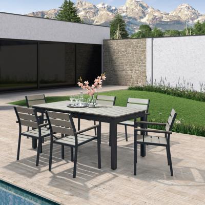 China Modern 7pcs aluminum. Patio Plastic Wood Expandable Garden Outdoor Arrangement Dining Set for sale