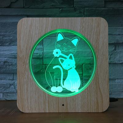 China Bedroom Grain Mother and Child Cat Photo Frame Light Wooden Cute Animal 3D Illusion Night Light Gift Table Lamp for sale