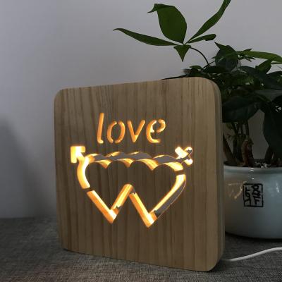 China 3D Bedroom Night Light Engraving Creative Wooden Heart Shaped Pattern Cavity LED Night Light for sale