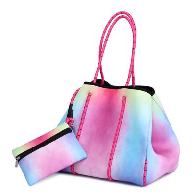 China Fashion Drop Shipping Hot Sale 2021 Amazon Hot Selling Perforated Ladies Tote Bags Fashion Ladies Tote Bags Rainbow Neoprene Beach Bag for sale