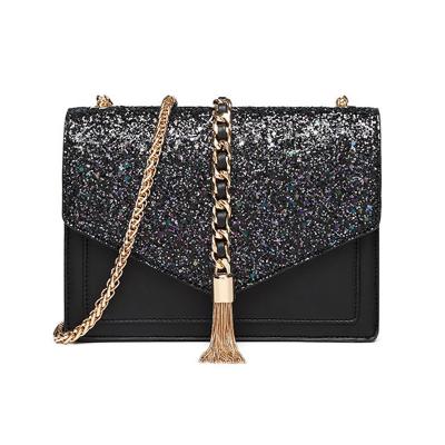 China New Ladies PU Ladies Messenger Bag Fashion Shiny Glitter Bling Chain Shoulder Bag With Tassel Cross - Body Handbags For Women for sale