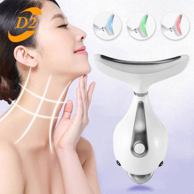 China Facelift D2 3 Colors Led Neck Massager PhotonTherapy Heating Face Neck Wrinkle Removal Facial Machine Reduce Dual Chin Skin Lift for sale