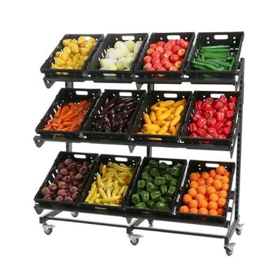 China 1600mm Single Sided 3 Layer Movable Fruit And Vegetable Displays Grocery Supermarket Shelf Rack 4 Casters For Vegetable for sale