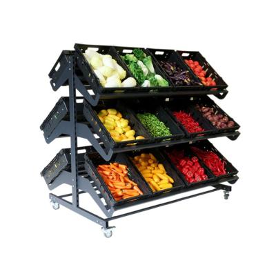 China 1600mm Widths Supermarket Fruit And Vegetable Movable Plastic Display Double Sided Display Stand Steel Rack Shelf For Vegetables for sale