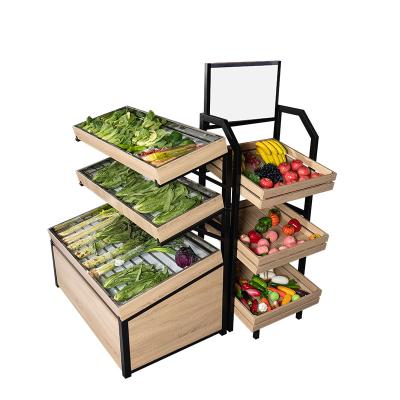 China Supermarket double-sided plastic metal fruit and vegetable steel wooden display racks rack shelf counter for sale