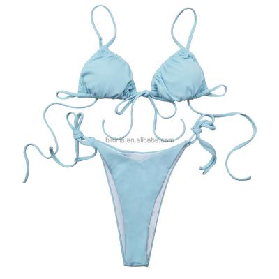 China 2021 New Arrival Summer New Arrival Breathable Logo Pit Strip Lacing Pastel Blue Women Maid Sexy Customized Bikinis for sale