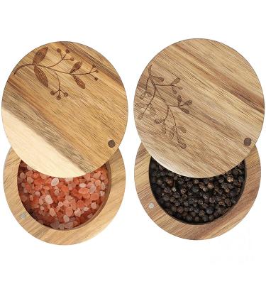 China Viable Kitchen Jar Acacia Wood Salt Keeper With Swivel Lid Spice Storage Box With Spoon Salt Pepper Cellar Box for sale