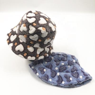 China Wholesale Trendy Colorful Fashion Fisherman Hat Heart Print Faux Fur Hats Bucket Hats For Women And Girl On Stock for sale