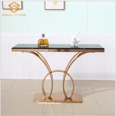 China Modern Natural Marquina Marble Higen End Furniture Rectangle Black Console Table with Stainless Steel Gold Frame for Foyer and Lobby for sale