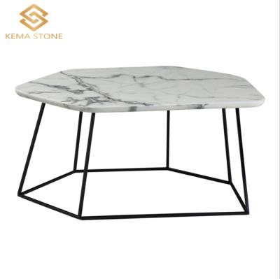 China Custom Modern Luxury Chinese High End Statuario Real Irregular White Marble Top Coffee Table With Black Cast Iron Legs for sale