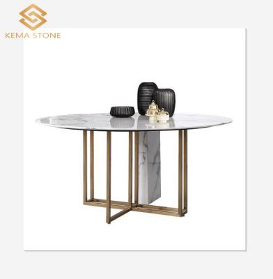 China Modern Round Statuario Artificial White Marble Dining Table With Stainless Steel And Gold Marble Leg Base for sale