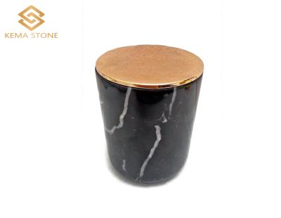 China Natural Home Decoration Stone Black Marquina Marble Candle Jar With Metal Lid for sale