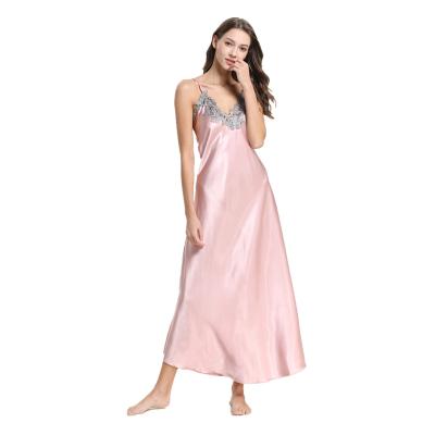 China SexyVWord Breathable Collar Lace Imitated Silk Women's Long Slip Nightgown Pajamas Homewear for sale