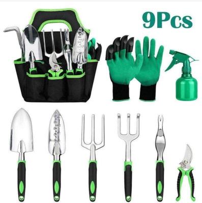 China Hot Selling Garden Supplies Aluminum Alloy Garden Tool Kits 9 Piece Silicone Two Color Handle Shovel Pruning Tools for sale