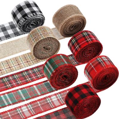 China Sustainable Buffalo Plaid Christmas Tree Garland DIY Wrapped Flowers Bows Decor Cable Jute Plaid Ribbon for sale