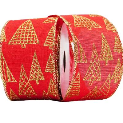 China Red Floral Burlap Gold Powder Polyester Ribbon Christmas Gift Red Christmas Gift Decoration Customized Pattern Printing Tree for sale