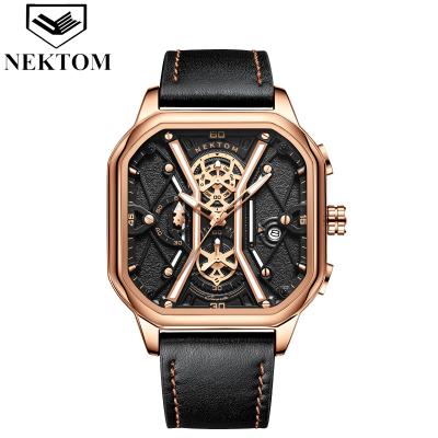 China NEKTOM 2022 square chronograph quartz watch sport watches waterproof leather strap quartz wrist men luxury watches for men for sale