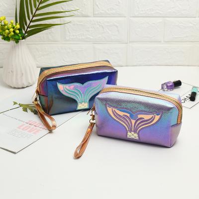 China Wholesale Lady Fish Tail Makeup Bag Purple PU Leather Laser Embroidery Cosmetic Bag for sale