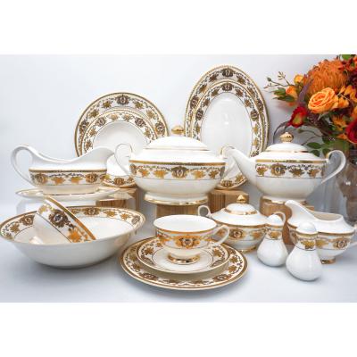 China New RTS viable posuda bone china 50pcs embossed gold dish dinner set fancy bone china for sale