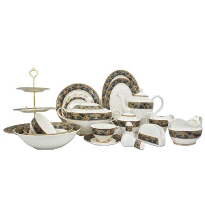 China New Viable Bone China 53pcs Embossed Gold Modern Tabletop Bone China Luxury Dinner Set for sale