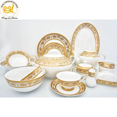 China 108pcs Gold Bavaria Bone China Sustainable Luxury Embossed Fine Bone China Dinner Set for sale