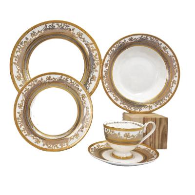 China New viable luxury posuda bone china 20pcs embossed american gold dinnerware porcelain dinnerware sets for sale