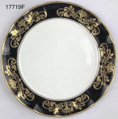 China New Sustainable Luxury Transparent Bone China Embossed Gold Plate Black Ceramic Retro Porcelain for sale