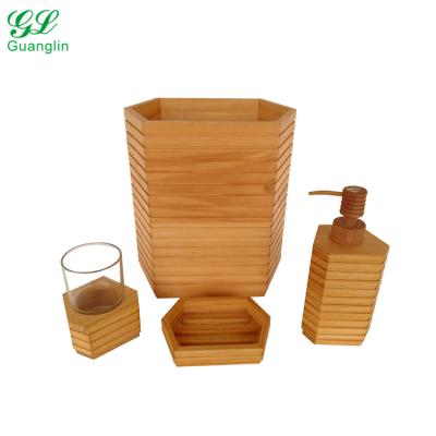 China Sustainable Natural Solid Wood Pull Line Bathroom Accessories Grain Polyresin Bathroom Soap Dispenser Set for Hotel and Home for sale