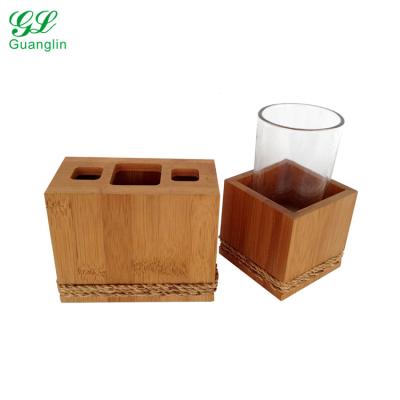 China Sustainable 2 Piece Bamboo Bathroom Accessory Tumbler Toothbrush Set Holder for sale