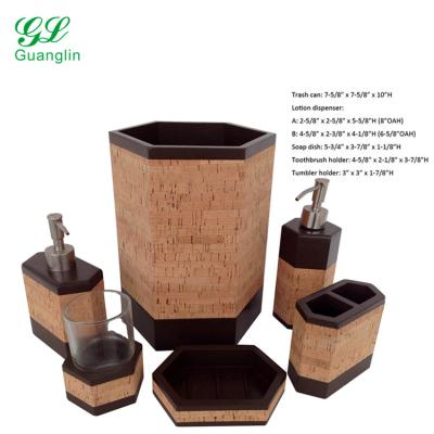 China Sustainable Cork Wood For Hot Sales Hotel 6 Piece Bathroom Soap Dispenser Set for sale