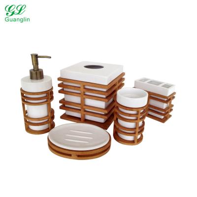 China Simply Sustainable Bath Accessory Ceramic Bathroom Set Rubberwood Bathroom Set for sale