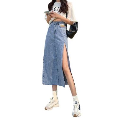 China New Small Waist Side Denim Bag Breathable High Split Hip Show Mid Length Women's Slim A-line Skirt for sale