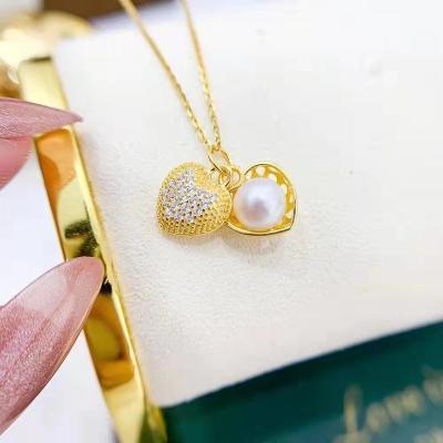 China TRENDY Two Colors Gold and Silver Optional 925 Sterling Silver Love Heart Pendant Necklace With 7-8mm Freshwater Pearl Necklace for sale