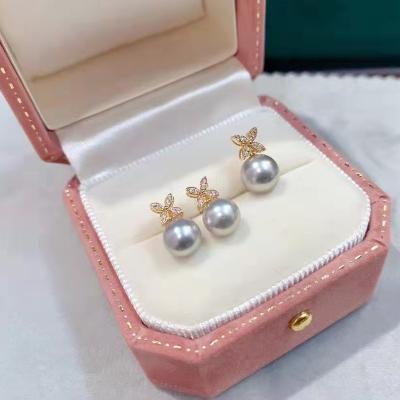 China TRENDY G18K Inlaid Cubic Zirconia Four Leaf Clover Set with Real Japanese Pearl Necklace and Dangle Earrings Set for sale