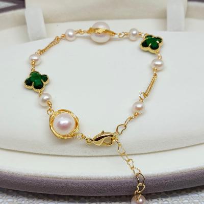 China Cute Four Leaf Clover 18K Gold Plated Chain Factory Direct Freshwater Pearl Bracelet Suitable For Girl Gifts for sale