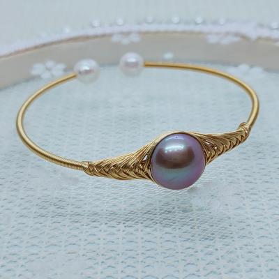 China Factory Direct Handmade Copper Plated Cute 18K Braided Bracelet 12mm Pearl Bracelet Girl Gift High Quality Freshwater Bracelet for sale