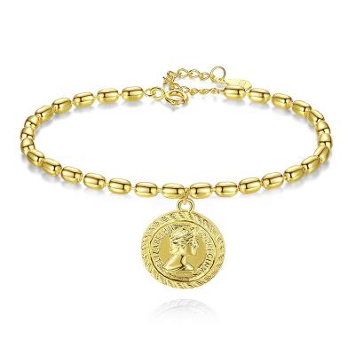 China FASHIONABLE YINSAKI 925 Silver 18K Gold Plated Knight Pendant Charm Queen Elizabeth Engraved Beaded Chain Coin Bracelet for sale