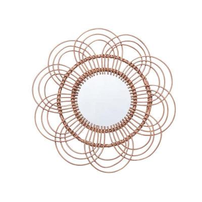 China Wood Wicker Mirror Woven Willow Frame Rattan Wall Mirror Minimalist Home Decor Rattan Furniture Sun Flower Shape Wall Hanging for sale