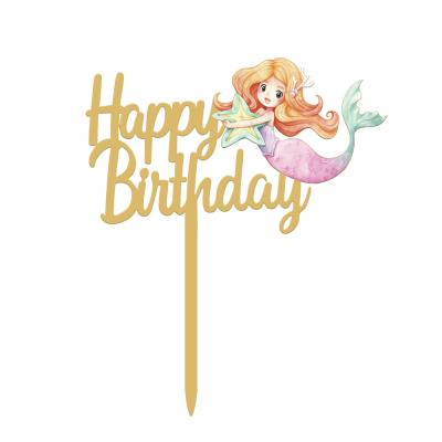 China Gold Acrylic Birthday Cake Topper Cartoon Color Drawing Mermaid Happy Birthday Cake Decoration for sale