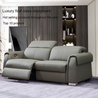 China Quality Extendable Luxury Smart Home Gray Remote Control Sectional Recliner Sofa Sets With Cool Cup And USB Charging for sale