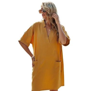 China Viable 2021 Women's Loungewear Casual Loose Pocket Front Mustard Yellow Dress Drop Shoulder V-Neck Tunic Dress for sale