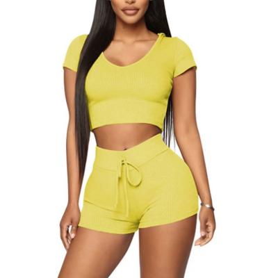 China 2020 Summer Anti-Static Short Sleeve Knit Crop Top Hoodie High Waist Bodycon Shorts Women Two Piece Set Clothing for sale