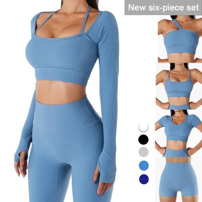 China Modest Custom Logo High Waist Breathable Luxury Eco Friendly Fitness Wear Women 6PCS Set Workout Clothing Ribbed Yoga Wear for sale