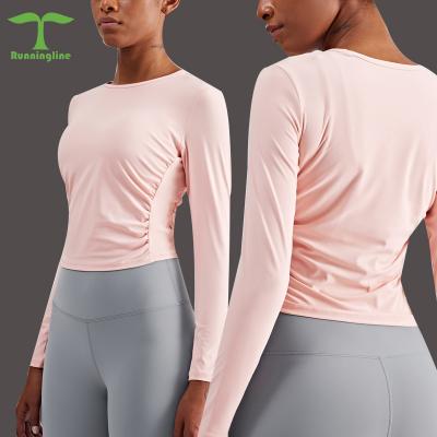 China Breathable folds look long thin sleeves yoga lu women light naked clothes European and American highelastic workout 2021 tops for sale