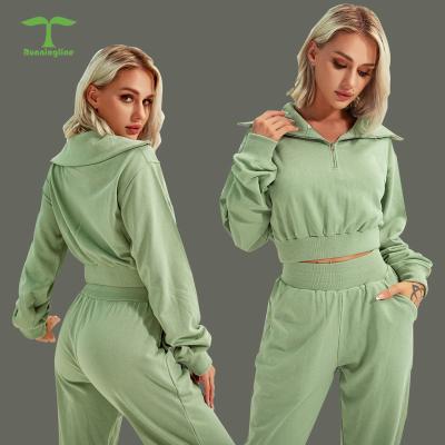 China Fashion Breathable Wide Neck Zipper Long Sleeve Sweater For Women Fitness Gym Clothes Casual Loose Integral Jogger Sport Clothing Set for sale